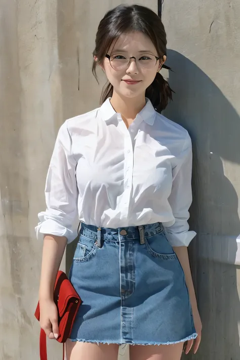 full body shot、30-year-old Japanese woman、Glasses、Low Ponytail、bungs、denim skirt、WhiteＴ shirt、SMALLE BREASTS、 (( No Background ))