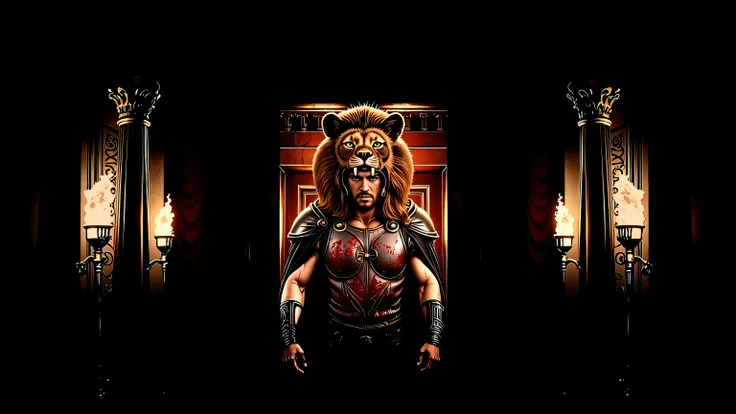 Greek columns, flaming torches, marble columns. Hercules wearing his lion armor. His helmet is the head of a lion. The scene is realistic with a wide frame. His armor is dirty with dust and blood, and his cape is dusty. blood, dust, greece, action, walking...