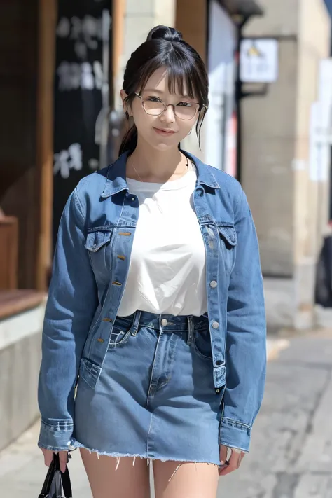 full body shot、30-year-old Japanese woman、Glasses、Low Ponytail、bungs、denim skirt、WhiteＴ shirt、SMALLE BREASTS、 (( No Background ))