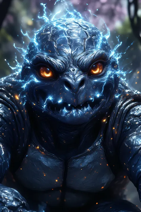 Create a hyper-realistic turtle from the character Imugi, by Brawlhalla, transforming its stylized design into a realistic and detailed version. Imugi should be portrayed as a majestic and powerful Macrochelys temminckii, with metallic and shiny scales tha...