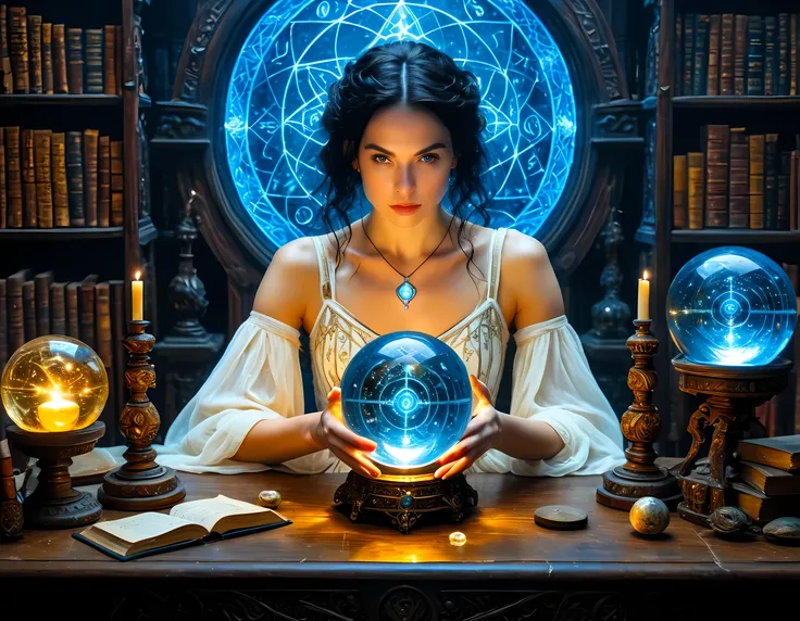 a picture of a human woman sorceress sittings in her magical lab, divining distant places in her crystal ball, epic beautiful human woman (best details, Masterpiece, best quality), ultra detailed face (best details, Masterpiece, best quality), black hair,...