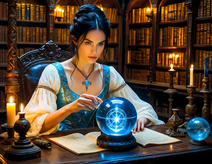 a picture of a human woman sorceress sittings in her magical lab, divining distant places in her crystal ball, epic beautiful human woman (best details, Masterpiece, best quality), ultra detailed face (best details, Masterpiece, best quality), black hair,...