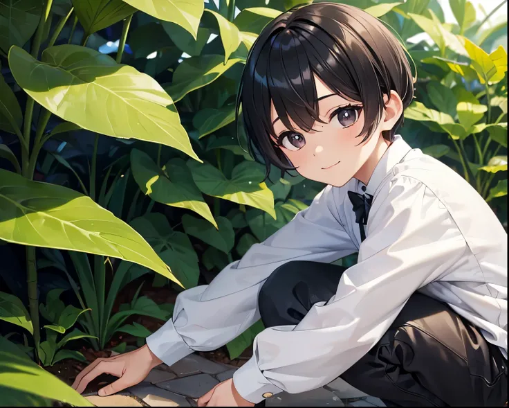 Young boy squatting in front yard next to plants, beautiful many plants background, one boy, solo, cute, young boy, (shota), squatting, shiny black hair, (pixie cut, very short hair), smiling, (shiny black eyes, clear pupils),
BREAK, looking at viewer, til...