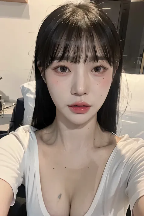 A highly detailed, ultra-realistic portrait photograph, Black straight hair, White cropped t-shirt, (knee:1), (eardrop:1), taken with an iPhone 15 Pro Max, using a 24mm f/1.6 lens, True-tone colors, natural lighting with soft shadows, High dynamic range (H...