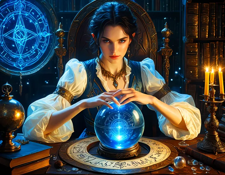 a picture of a human woman sorceress sittings in her magical lab, divining distant places in her crystal ball, epic beautiful human woman (best details, Masterpiece, best quality), ultra detailed face (best details, Masterpiece, best quality), black hair,...