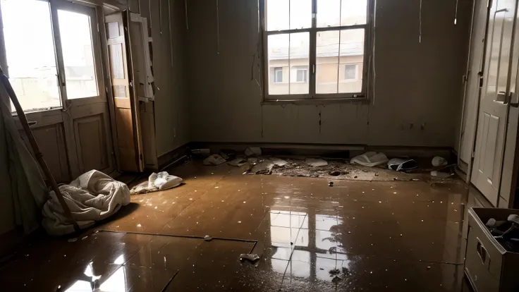 VERY DIRTY HOUSE WITH STUFF SPILLED ON THE FLOOR, DIRTY WINDOW DARK ENVIRONMENT