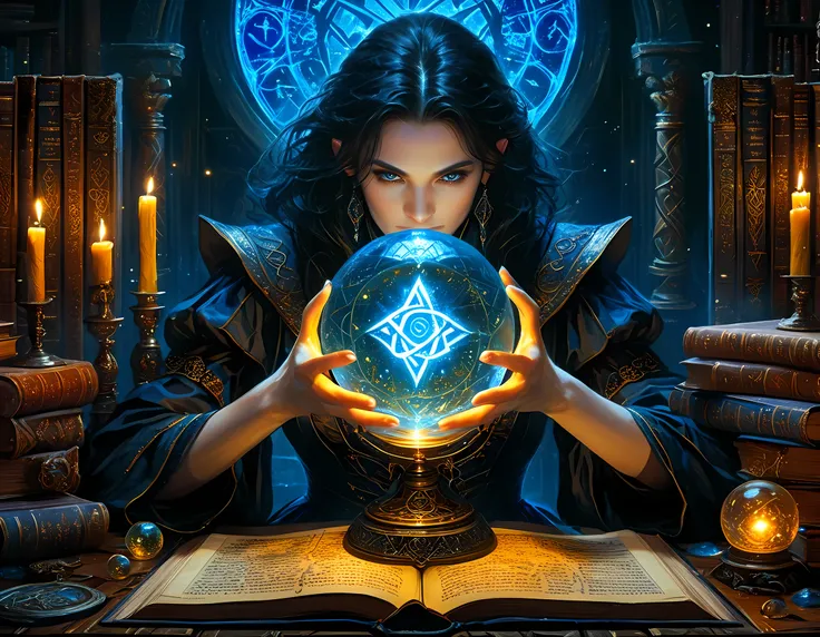 a picture of a human woman sorceress sittings in her magical lab, divining distant places in her crystal ball, epic beautiful human woman (best details, Masterpiece, best quality), ultra detailed face (best details, Masterpiece, best quality), black hair,...