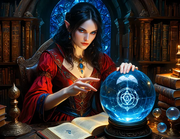 a picture of a human woman sorceress sittings in her magical lab, divining distant places in her crystal ball, epic beautiful human woman (best details, Masterpiece, best quality), ultra detailed face (best details, Masterpiece, best quality), black hair,...