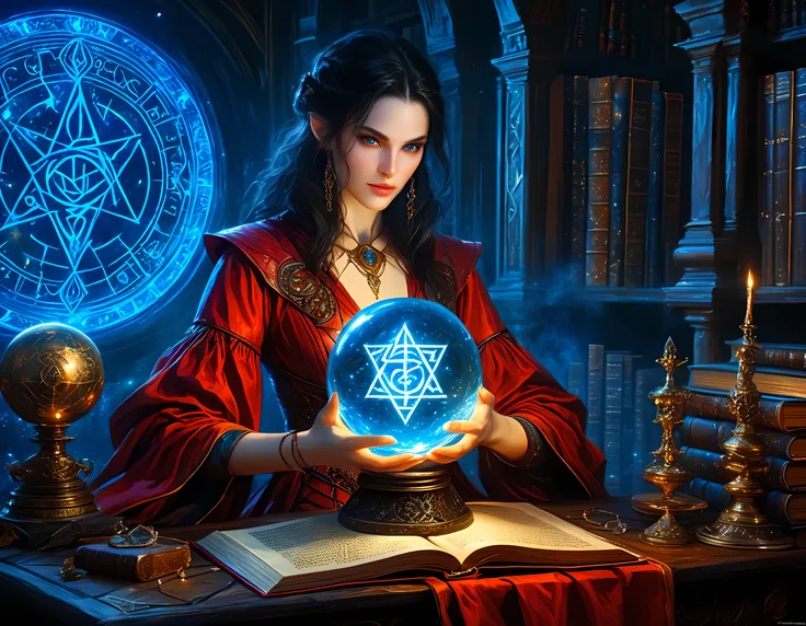 a picture of a human woman sorceress sittings in her magical lab, divining distant places in her crystal ball, epic beautiful human woman (best details, Masterpiece, best quality), ultra detailed face (best details, Masterpiece, best quality), black hair,...