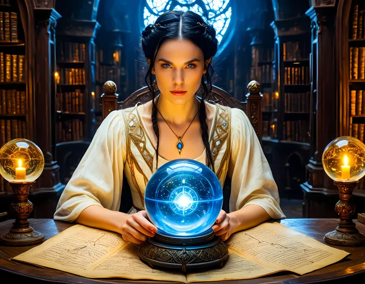 a picture of a human woman sorceress sittings in her magical lab, divining distant places in her crystal ball, epic beautiful human woman (best details, Masterpiece, best quality), ultra detailed face (best details, Masterpiece, best quality), black hair,...