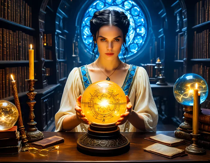 a picture of a human woman sorceress sittings in her magical lab, divining distant places in her crystal ball, epic beautiful human woman (best details, Masterpiece, best quality), ultra detailed face (best details, Masterpiece, best quality), black hair,...