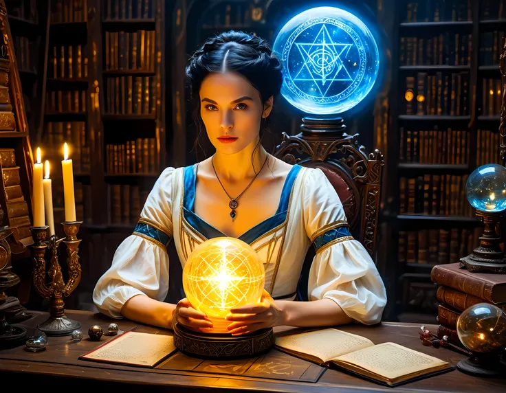 a picture of a human woman sorceress sittings in her magical lab, divining distant places in her crystal ball, epic beautiful human woman (best details, Masterpiece, best quality), ultra detailed face (best details, Masterpiece, best quality), black hair,...