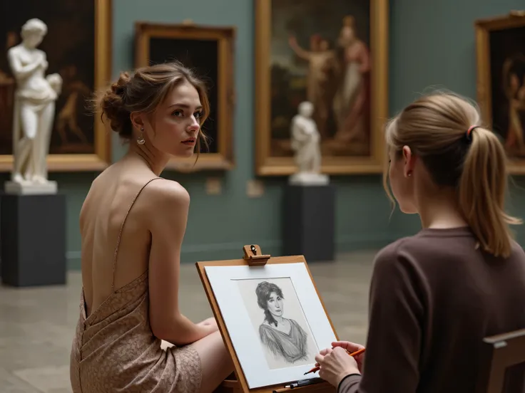 The scene is set inside a grand museum with high ceilings and framed artwork in the background. The composition features an over-the-shoulder shot of a female model who is elegantly posing for a portrait. She sits gracefully, her posture relaxed yet poised...