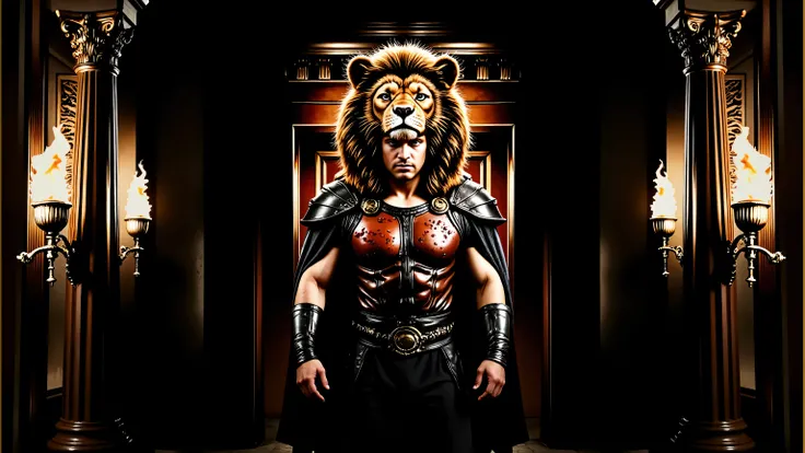 Greek columns, flaming torches, marble columns. Hercules wearing his lion armor. His helmet is the head of a lion. The scene is realistic with a wide frame. His armor is dirty with dust and blood, and his cape is dusty. blood, dust, greece, action, walking...