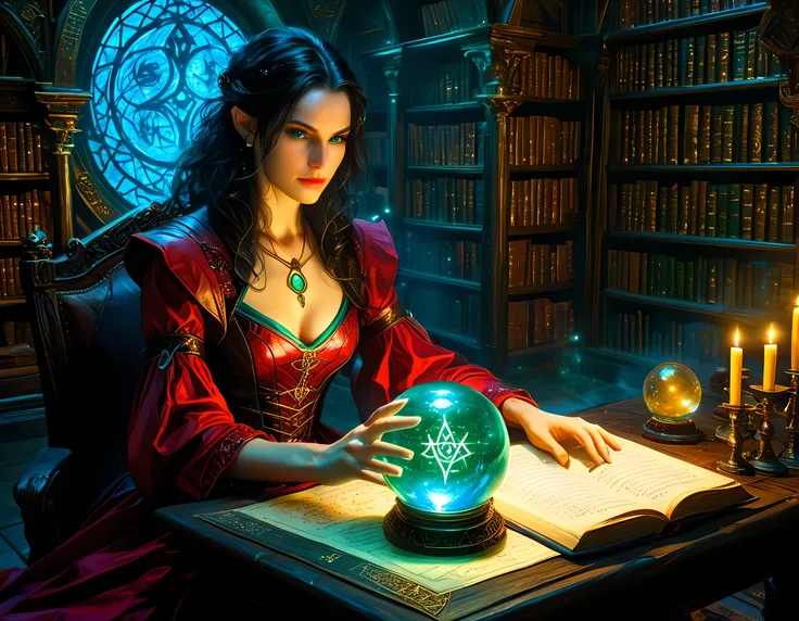 a picture of a human woman sorceress sittings in her magical lab, divining distant places in her crystal ball, epic beautiful human woman (best details, Masterpiece, best quality), ultra detailed face (best details, Masterpiece, best quality), black hair,...