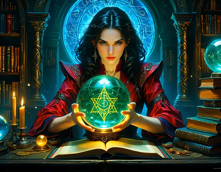 a picture of a human woman sorceress sittings in her magical lab, divining distant places in her crystal ball, epic beautiful human woman (best details, Masterpiece, best quality), ultra detailed face (best details, Masterpiece, best quality), black hair,...