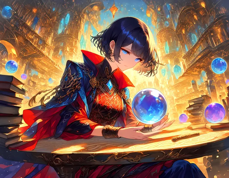 a picture of a human woman sorceress sittings in her magical lab, divining distant places in her crystal ball, epic beautiful human woman (best details, Masterpiece, best quality), ultra detailed face (best details, Masterpiece, best quality), black hair,...