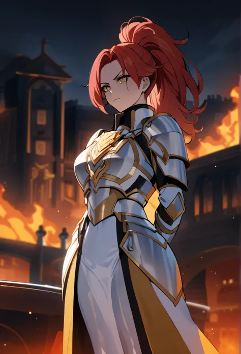 Red-haired adult female vice-captain from Antenia wearing a ponytail, bright golden eyes, wearing silver armor with a coat of a golden owl on the chest of his armor,  with hands behind back, quiet and observant expression,  big and athletic body , in the b...