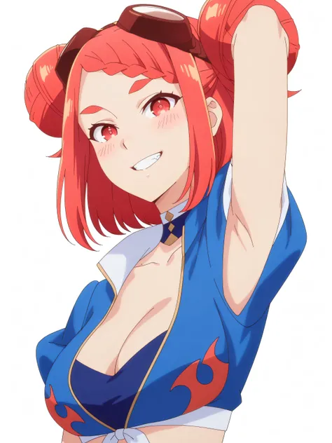 masterpiece, best quality, amazing quality, anime screencap, 1girl, solo, KinomiMonica, red eyes, red hair, double bun, braid, goggles on head, blue choker, blue cropped jacket, blue tube top, armpit cutout, exposed armpit, arm behind head, armpit, head to...