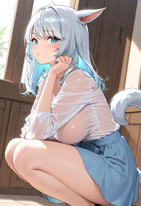 masterpiece, 1girl, colored inner hair silver hair blue hair, big Breasts, Miqo'te, exposure,, Clothes are see-through、 squats