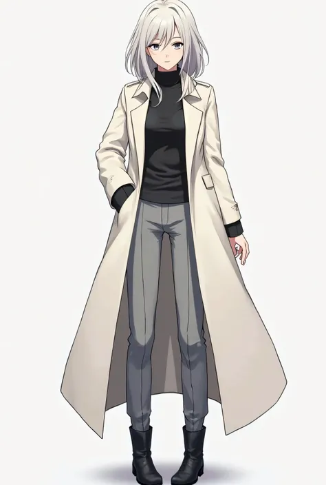 Generate an anime styled mature woman, platinum blond and grey eyes, wearing a long, white coat that falls to her ankles. The coat has a high collar and a long, asymmetrical front that opens to reveal a pair of gray pants. The pants are fairly straight-leg...