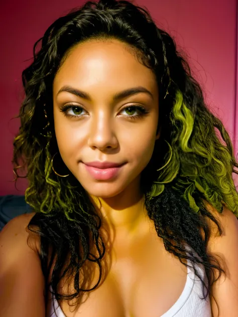 lightskin, curly hair, with textured hair and skin, eyes Green, beautiful face