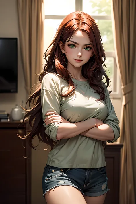 Masterpiece, best quality, high resolution, ultra detailed, woman, room background, woman, smirk, long red hair, green eyes, casual clothes, arms crossed
