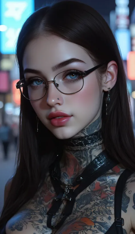 ((a woman with tattoos on her neck and face, Beautiful face of a cyberpunk girl, great digital art with details,  she wears rectangular black rimmed glasses you can see the reflection in the glasses of the glasses :1.5)),walking, City streets,city lights, ...