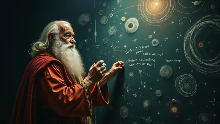 Create a darkly comical, cinematic image of God—portrayed as the classic old white man with a long, flowing white beard—standing before a massive cosmic chalkboard, where he has sketched out the blueprint for the universe. His majestic robes cascade around...