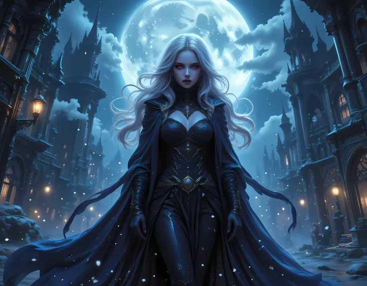 anime comic illustration fantasy art, gothic art, (masterpiece:1.5), full body best details, highly detailed, best quality, Glowing Red, highres, full body portrait of a female vampire (Masterpiece, best quality: 1.6), ultra feminine, wizard, (intricate de...