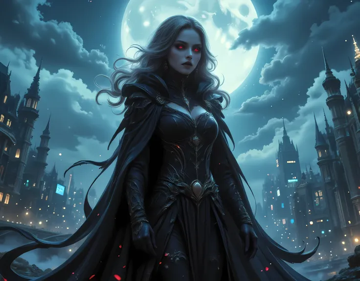 anime comic illustration fantasy art, gothic art, (masterpiece:1.5), full body best details, highly detailed, best quality, Glowing Red, highres, full body portrait of a female vampire (Masterpiece, best quality: 1.6), ultra feminine, wizard, with a long c...