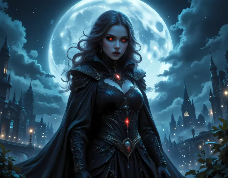 anime comic illustration fantasy art, gothic art, (masterpiece:1.5), full body best details, highly detailed, best quality, Glowing Red, highres, full body portrait of a female vampire (Masterpiece, best quality: 1.6), ultra feminine, wizard, with a long c...