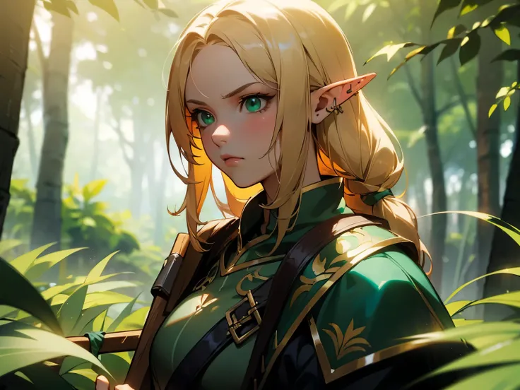 female elven archer, blonde, beautiful detailed portrait, female elf archer, holding bow, quiver of arrows, standing in a lush forest, sunlight filtering through trees, detailed facial features, piercing green eyes, serious expression, intricate elven armo...