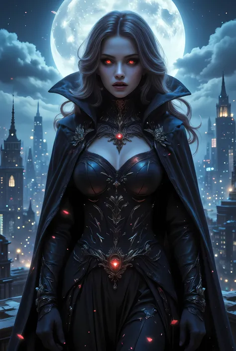 anime comic illustration fantasy art, gothic art, (masterpiece:1.5), full body best details, highly detailed, best quality, Glowing Red, highres, full body portrait of a female vampire (Masterpiece, best quality: 1.6), ultra feminine, wizard, with a long c...