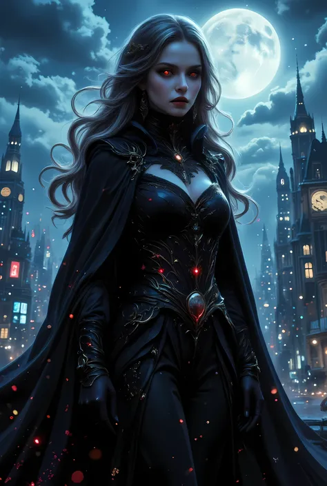 anime comic illustration fantasy art, gothic art, (masterpiece:1.5), full body best details, highly detailed, best quality, Glowing Red, highres, full body portrait of a female vampire (Masterpiece, best quality: 1.6), ultra feminine, wizard, with a long c...