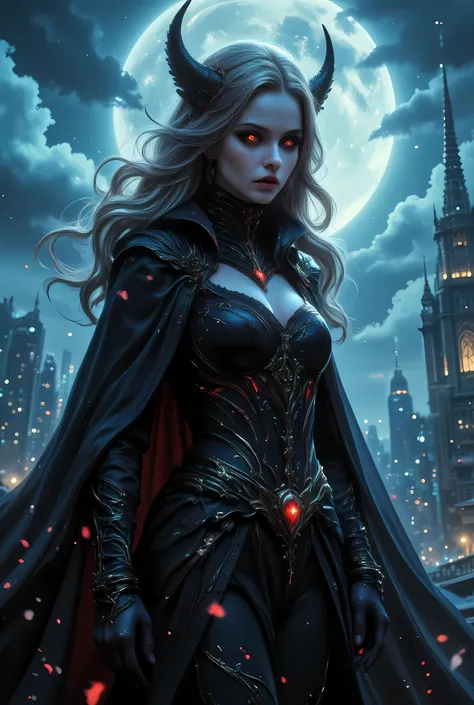 anime comic illustration fantasy art, gothic art, (masterpiece:1.5), full body best details, highly detailed, best quality, Glowing Red, highres, full body portrait of a female vampire (Masterpiece, best quality: 1.6), ultra feminine, wizard, with a long c...