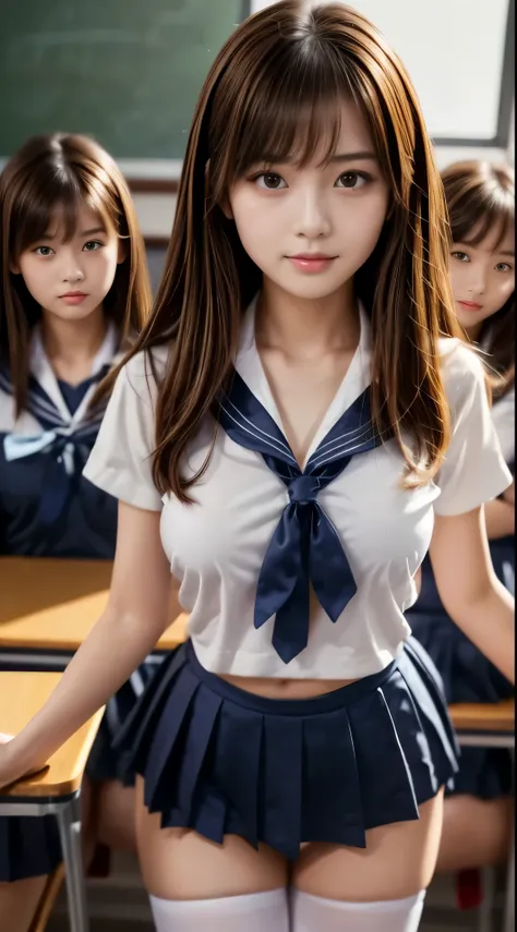 8k,  RAW photos , top quality, masterpiece:1.2), (real, フォトreal:1.4), (Extremely Detailed 8K Wallpaper), 1 girl, sailor suit, 濃Navy blue collar, white shirt, Short sleeve,  orbital space,High School Classroom, Ultra Short Dark Blue Mini Skirt, Ultra Short ...