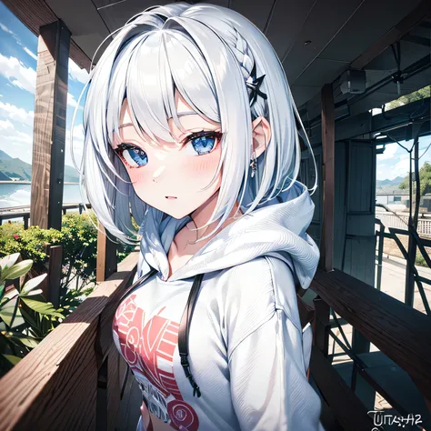 1girl, hoodie, blue eyes, bright white hair, ultrasharp, short hair, 8k, looking at viewer, blush, sfw, full body