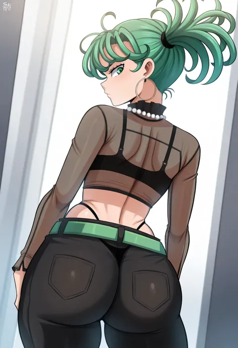 (masterpiece,amazing quality,best quality),blaash,astroostylev5,solo,tatsumaki171,short hair,navel,jewelry,underwear,green eyes,panties,earrings,green hair,midriff,pants,necklace,bra,side ponytail,dated,see-through,black panties,highleg,black pants,black b...