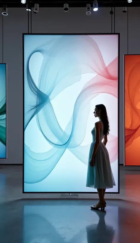 Artistic front photo of a hanging design frame with a woman next to each other in a fluid art exhibition in a famous contemporary art gallery    
