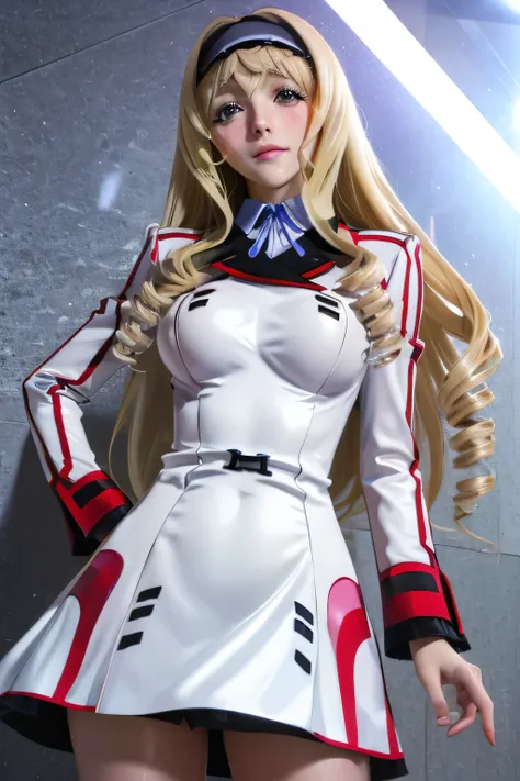 perfect anatomy　top quality,highest resolution in elementary school,(((white shiny uniform　one-piece dress　Shiny Blonde　long hair　shiny skin)))　Cecilia Alcott　Infinite Stratos