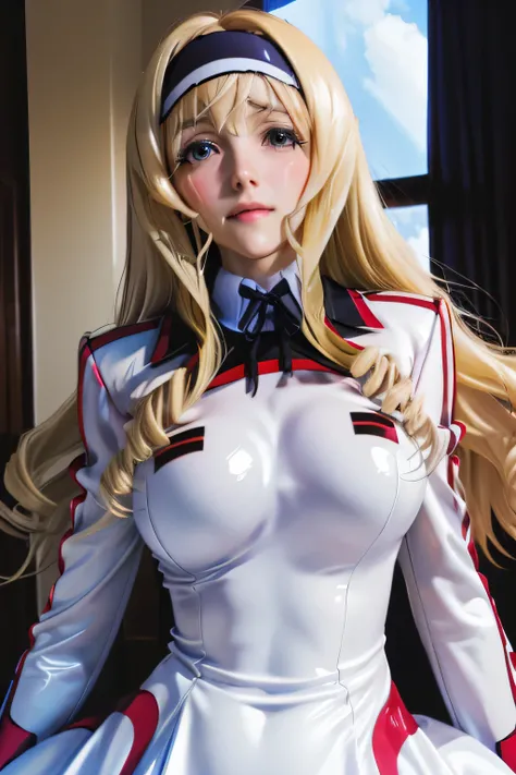 perfect anatomy　top quality,highest resolution in elementary school,(((white shiny uniform　one-piece dress　Shiny Blonde　long hair　shiny skin)))　Cecilia Alcott　Infinite Stratos