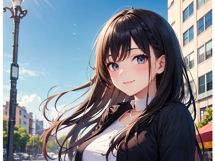 young woman、smile、Cool hairstyle、Blushing、masterpiece、High resolution、16k、Spring clothes in fresh colors、(Very close:1.5)、Explore the city、(Depicting the upper body:1.5)