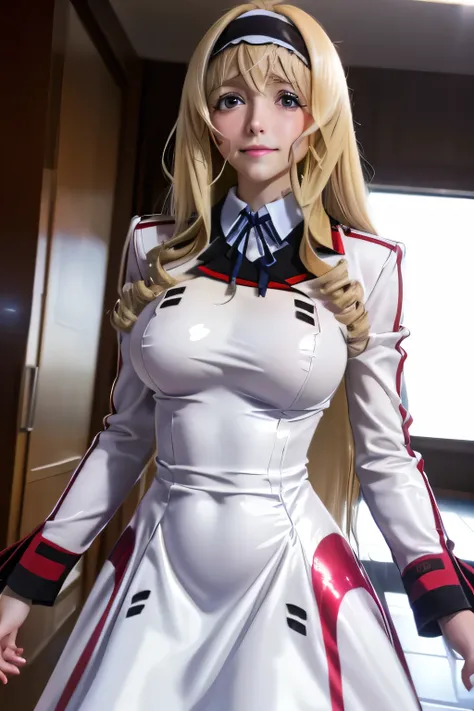 perfect anatomy　top quality,highest resolution in elementary school,(((white shiny uniform　one-piece dress　Shiny Blonde　long hair　shiny skin)))　Cecilia Alcott　Infinite Stratos