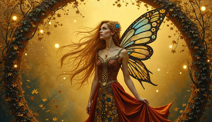 A mystical fairy with flowing golden hair, her iridescent wings patterned with Klimt-style mosaics of gold and deep blues, standing beneath a golden arch entwined with ivy, glowing orbs floating in the twilight sky, her gown reflecting shimmering gold and ...