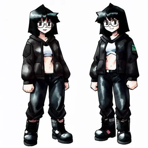 anime,cute,sugimori ken 1990s,white background,watercolor (medium),full body, woman with short black hair, solo, glasses, dark hoodie, curves, dark jeans, combat boots