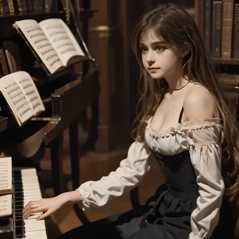 A girl play to piano the songs from the song by Franz Schubert, Page. 560: n. 7... concert 1828s

