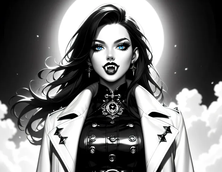 score_9, score_8_up, score_7_up,goth black and white anime art, (black and white art: 1.5) mostly black and white, a picture of a beautiful female vampire, best detailed face, black hair, long hair hair, blue eyes, wearing trench coat, wearing a skirt, wea...