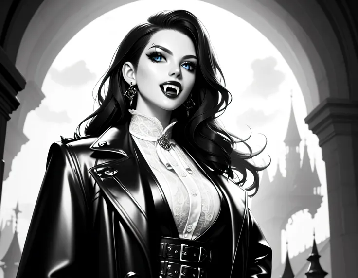score_9, score_8_up, score_7_up,goth black and white anime art, (black and white art: 1.5) mostly black and white, a picture of a beautiful female vampire, best detailed face, black hair, long hair hair, blue eyes, wearing trench coat, wearing a skirt, wea...