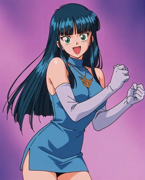 1girl,sa1lorm00nthetis,,1990s \(style\),anime coloring,solo,green eyes, blue hair, black hair, long hair,blunt bangs, necklace, (piercing:0.7), short dress, sleeveless, bare shoulders, blue dress,gloves,  elbow gloves, ,, ,, ,cowboy shot ,,,wide-eyed  , ,,...